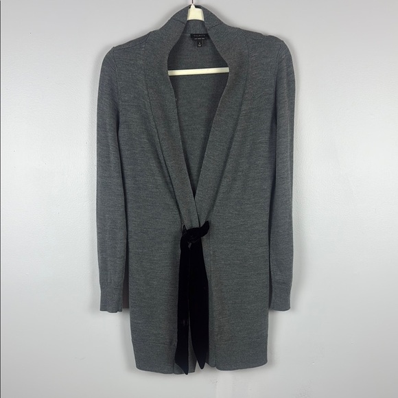 Talbots 100% Merino Wool Gray and Black Velvet Belt Duster Cardigan Size Small - Picture 2 of 8
